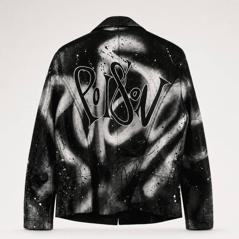 Back view of a hand-painted vintage Bison black leather jacket featuring the word "Poison" in custom calligraphy with abstract white brushstroke artwork.