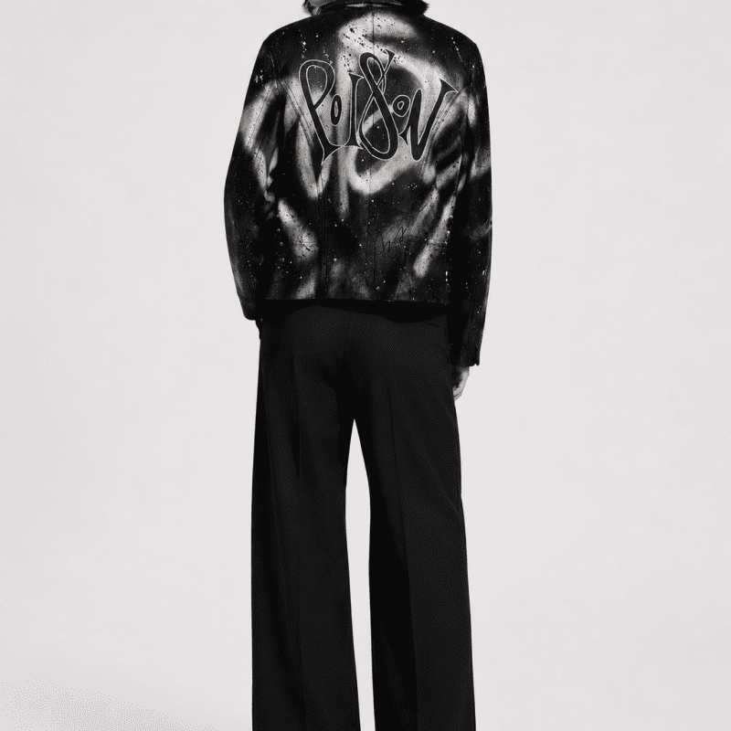 Back view of a hand-painted vintage Bison black leather jacket featuring the word "Poison" in custom calligraphy with abstract white brushstroke artwork.